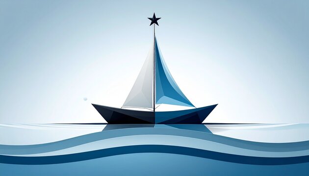 "Stylized sailboat with blue and white sails, star-tipped mast drifting on layered ocean under serene sky."