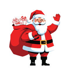 Flat 2D vector illustration of Santa Claus waving with a large sack of gifts on his back for a Christmas celebration.