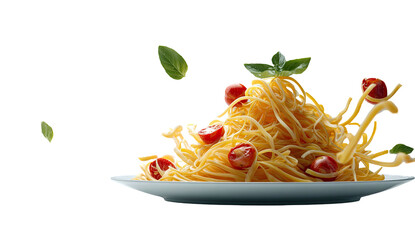 A plate of pasta with cherry tomatoes and basil, against a stark black background