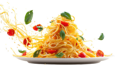 A plate of appetizing pasta dish with vibrant tomatoes, basil, on a white plate, with a black background
