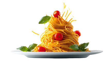 Close-up image of pasta, garnished with tomatoes and basil on a white plate, black background