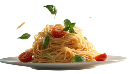 A delectable plate of spaghetti, adorned with tomatoes and basil leaves, on a clean white dish