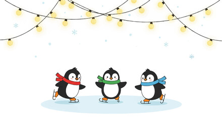 Flat 2D vector illustration of three penguins wearing scarves ice skating under string lights during a Christmas celebration on a white background with a festive mood.