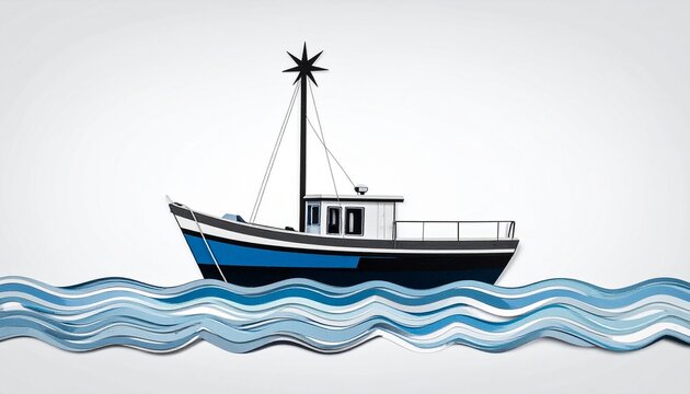 "Stylized fishing boat with star mast on layered blue waves, graphic nautical scene in clean contrast."