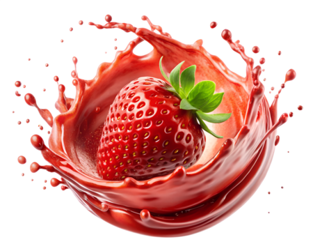 A single ripe strawberry splashing into vibrant red liquid creating a dynamic fruit explosion