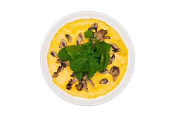 Top-down transparent PNG of mushroom omelette with arugula on a white round plate, ideal for breakfast and menu designs.