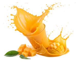 Vibrant orange mango juice splashing dynamically from a glass with fresh fruit and leaves on a black background