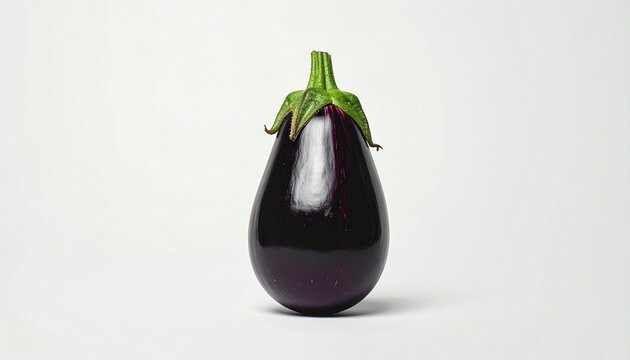 “Single horizontal eggplant with glossy dark purple skin and green calyx on white surface and background”
