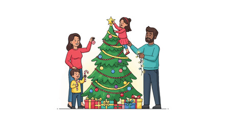 A family of four decorating a Christmas tree together with colorful ornaments and lights on a white background, conveying a joyful Christmas celebration mood.