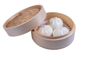 Steamed Chinese Baozi Bun in Bamboo Dim Sum Basket isolated on a solid white background in Png