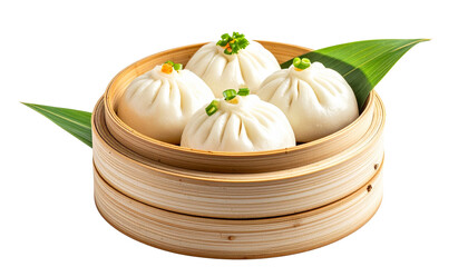 Steamed Chinese Baozi Bun in Bamboo Dim Sum Basket isolated on a solid white background Png form