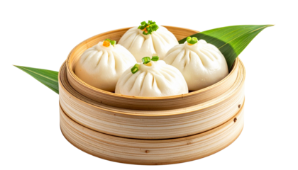 Steamed Chinese Baozi Bun in Bamboo Dim Sum Basket isolated on a solid white background Png form