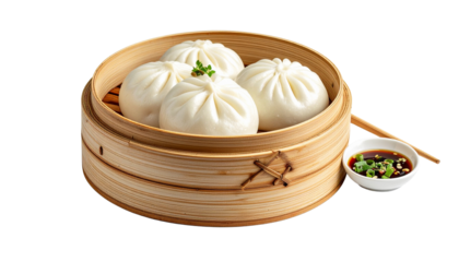 Steamed Chinese Baozi Bun in Bamboo Dim Sum Basket isolated on a solid white background in Png form