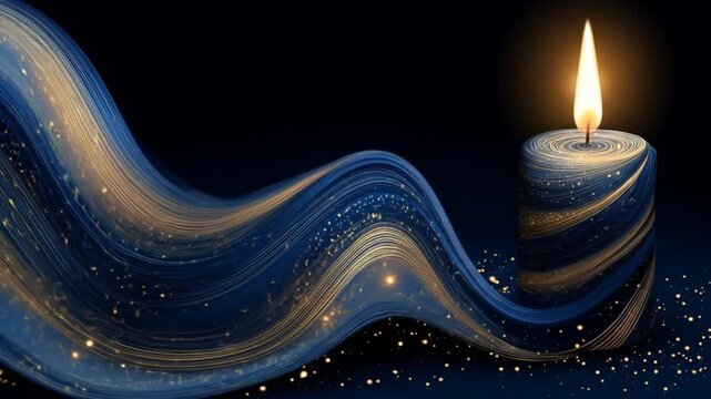 Decorative candle with flowing abstract swirls and glittering particles