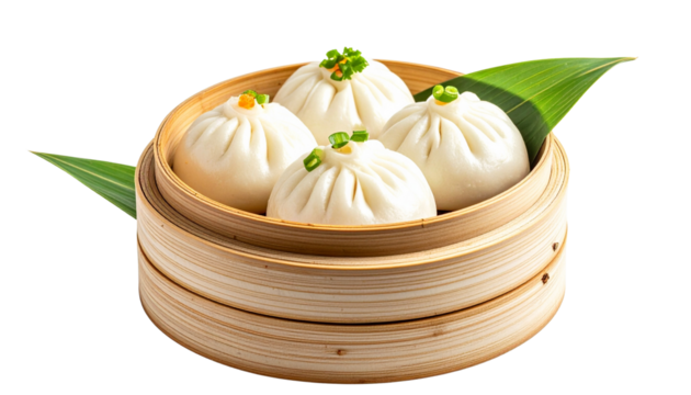 Steamed Chinese Baozi Bun in Bamboo Dim Sum Basket isolated on a solid white background Png form