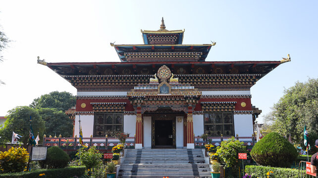 India, Bihar, Gaya, The Royal Bhutanese Monastery, Bodhgaya. Bhutanese Architure.