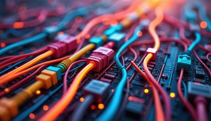 Bright colorful wires connect into dark circuit board. Digital data flows through modern network. Tech infrastructure glows with abstract light, vibrant energy. Connections create dynamic background