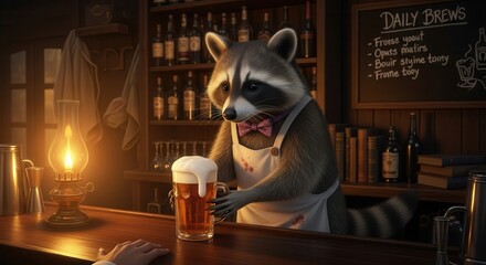 Raccoon bartender pouring beer at bar