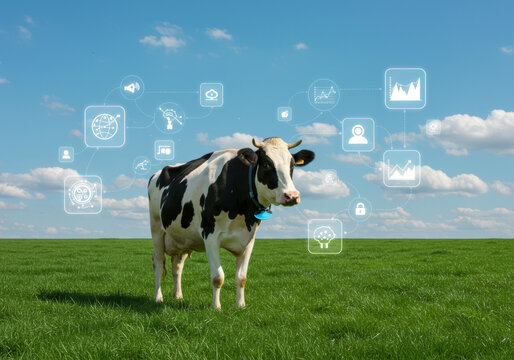 Smart farming concept with dairy cow and digital technology icons in green field.