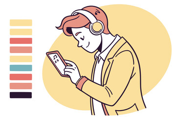 Cartoon man wearing headphones and using a smartphone