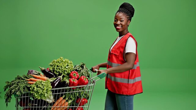 Woman with shopping cart full of fresh produce on green screen