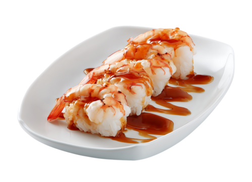 Ebi Nigiri Sushi with Savory Sauce isolated on a transparent background