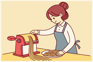 Woman making fresh pasta with a pasta machine cheerfully