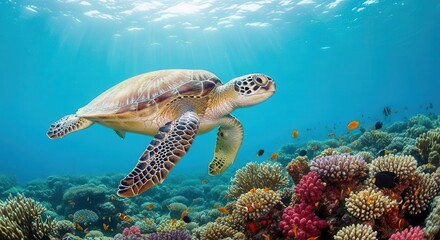 Fototapeta premium Sea turtle swimming over coral reef