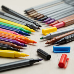 Fototapeta premium Colored markers scattered on a wooden table, showcasing a variety of vibrant colors and tips
