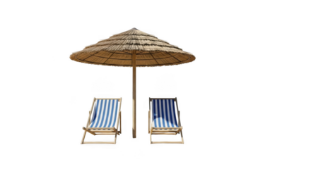 Beach umbrella and lounge chairs offer shade for relaxing vacation moments