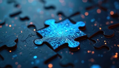 Close-up of glowing blue puzzle piece with circuit board pattern connecting to others. Digital technology solution and integration concept. Dark background with bokeh lights.