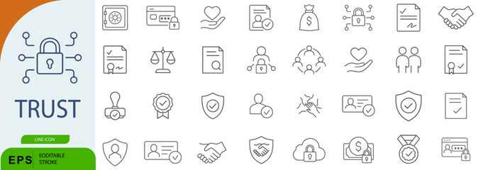 Trust Icon Set – 40 Line Style Symbols for Security, Reliability, and Ethical Assurance