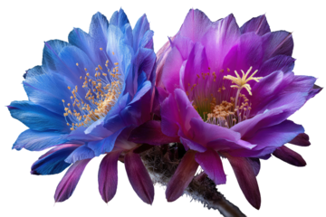 Close-up of two vibrant, multicolored cactus blossoms with intricate details and a dark background