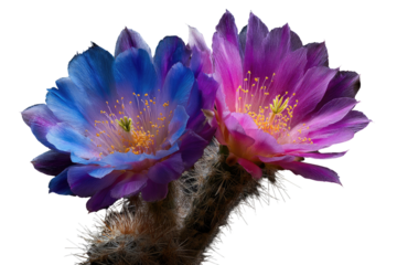 Close-up of two vibrant, multi-colored cactus blooms with intricate stamen detail