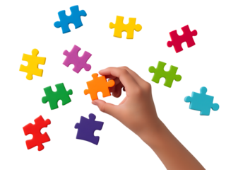 Child's Hand Holding Colorful Puzzle Piece isolated on a transparent background, Symbolizing Solution and Connection