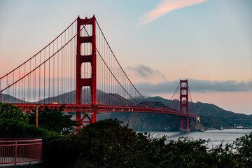 Golden Gate Bridge at Twilight: Iconic San Francisco Landmark Bathed in Serene Evening Colors