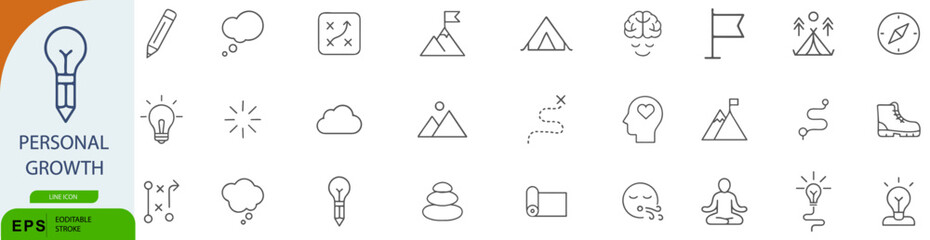 Personal Growth Icon Set – 30 Line Style Symbols for Self-Improvement, Mindfulness, and Goal Setting