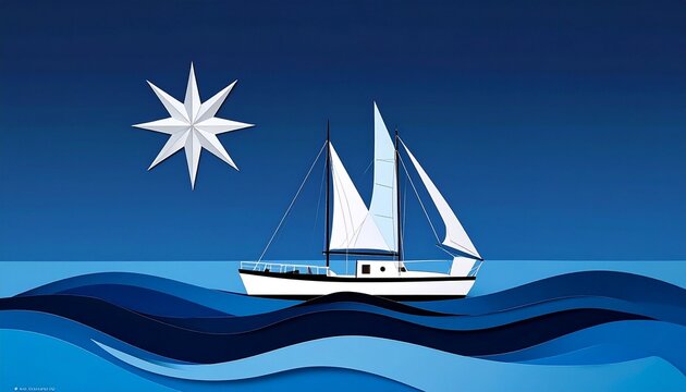 Stylized sailboat with white hull and sails on layered blue ocean waves, guided by an eight‑point star in a deep blue sky.