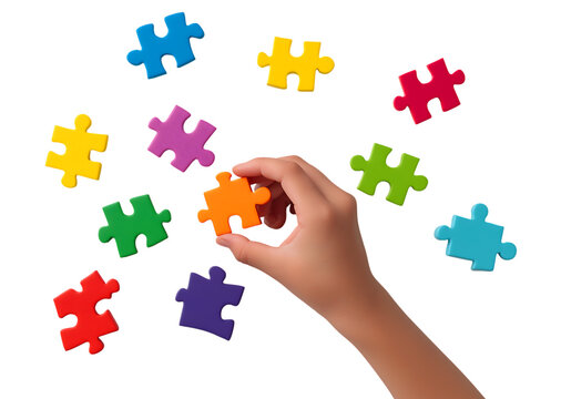 Child's Hand Holding Colorful Puzzle Piece isolated on a transparent background, Symbolizing Solution and Connection