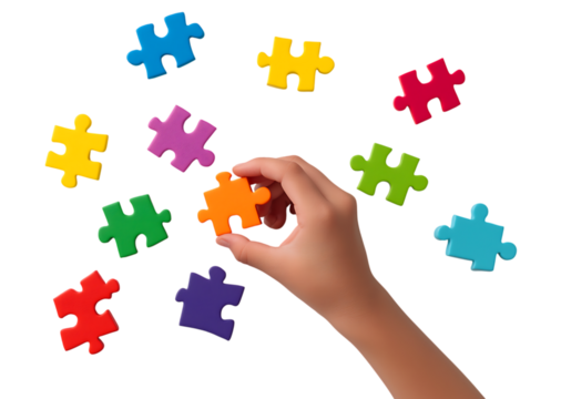Child's Hand Holding Colorful Puzzle Piece isolated on a transparent background, Symbolizing Solution and Connection