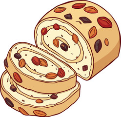 Delicious swiss roll cake with nuts vector