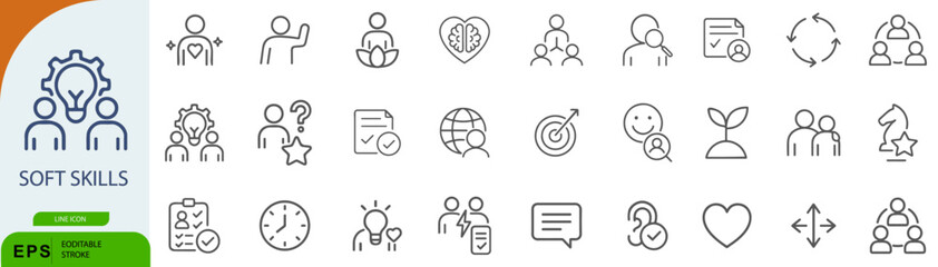 Soft Skills Icon Set – 36 Line Style Symbols for Communication, Leadership, and Emotional Intelligence