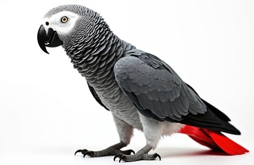 Naklejka premium African Grey Parrot stands on white surface. Its feathers are grey with a striking red tail. The bird has a black beak and intelligent eyes. This exotic animal looks alert.