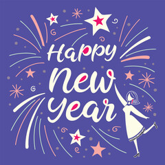 "Happy New Year" typography with stars and glitter on blue