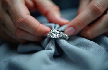Hands clean a sparkling diamond ring with a soft cloth. Woman polishes the luxury jewelry accessory. Detail of the ring cleaning in workshop.
