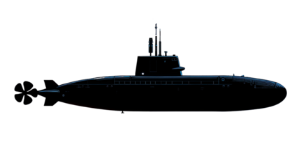 Black submarine silhouette on blue background with visible propeller, underwater naval vessel concept showing military marine technology and ocean design