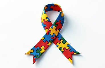 Colorful ribbon with puzzle pieces World Autism Awareness. Visual support ribbon represents charity, hope. Sign highlights aid, unity for autism. Healthcare graphic for medical social projects.