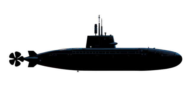 Black submarine silhouette on blue background with visible propeller, underwater naval vessel concept showing military marine technology and ocean design
