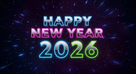 Happy new year 2026 text with colorful neon lights and sparkling particles on a dark background, celebrating the upcoming year