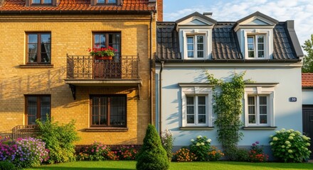 Naklejka premium Charming Neighborhood Houses: A juxtaposition of Architectural Styles and Gardens